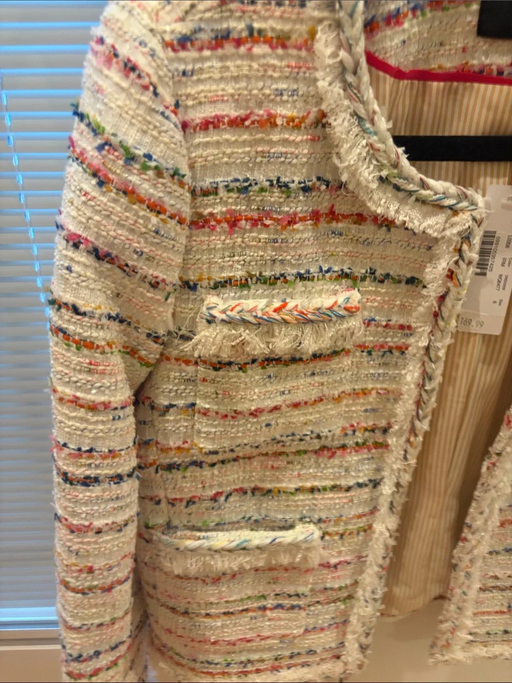 J. Crew White Multicolor Tweed Fringe Collar Jacket